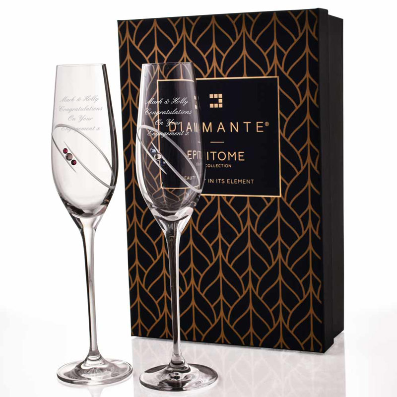Personalised Champagne Flutes Pink And Blue Rings With Swarovski Elements