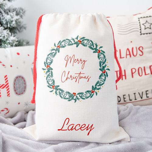 Personalised Santa Sack - Merry Christmas Wreath Any Name