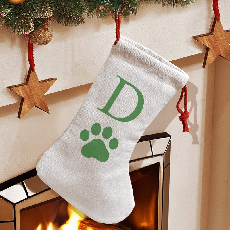 Personalised Christmas Stocking - Pet Paw Any Initial Green