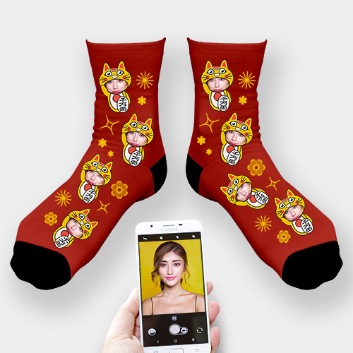 Personalised Photo Socks Chinese New Year Lucky Cat