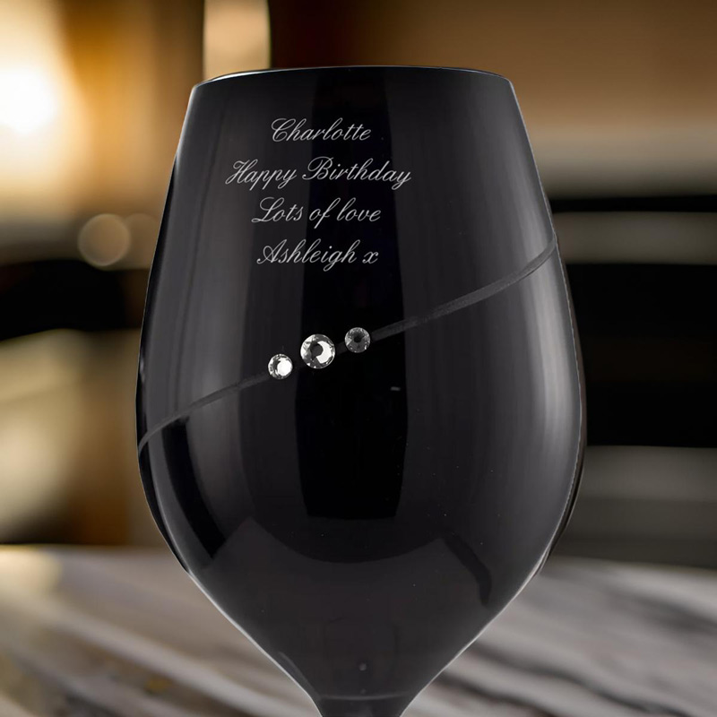 Personalised Single Black Wine Glass With Swarovski Elements