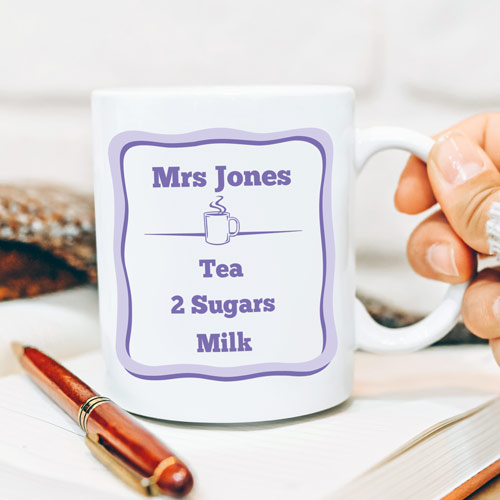 Personalised Mug - Coffee, Tea, Milk, Sugar Choose Colour