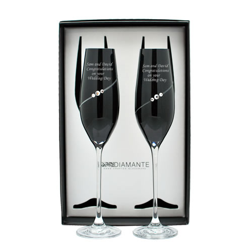 Engraved Black Champagne Flutes With Swarovski Elements