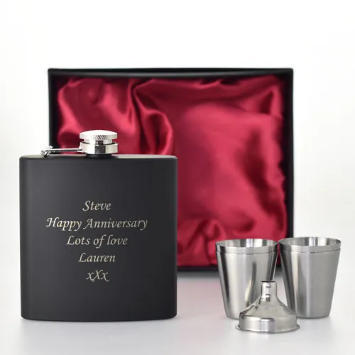 Black Personalised Hip Flask Set