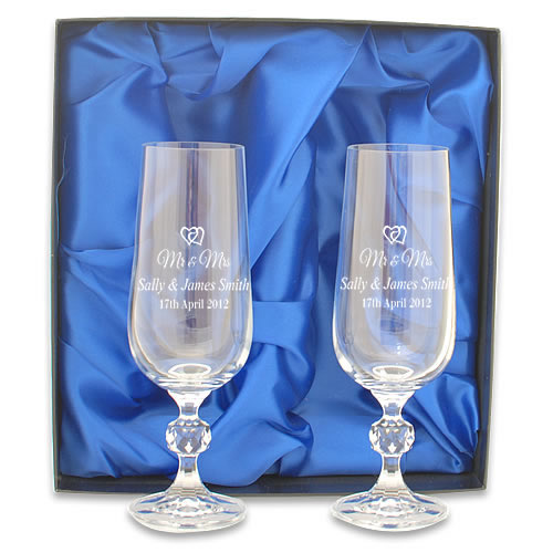 Engraved Crystal Champagne Flutes - Mr And Mrs