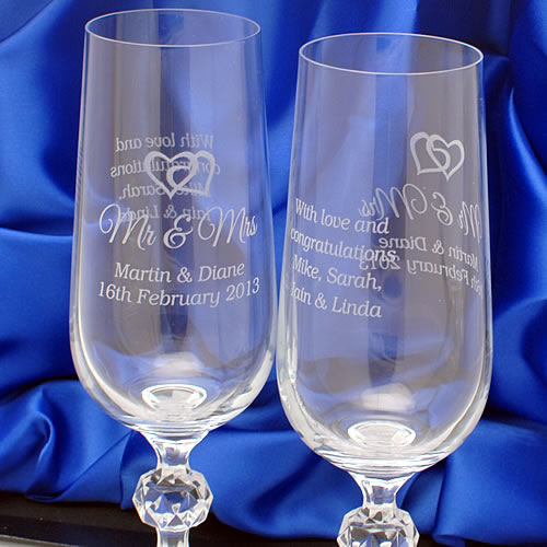 Engraved Crystal Champagne Flutes - Love Hearts
