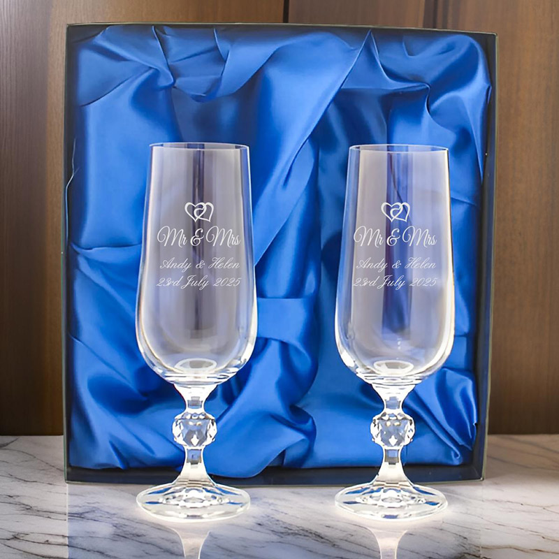 Engraved Crystal Champagne Flutes - Mr And Mrs