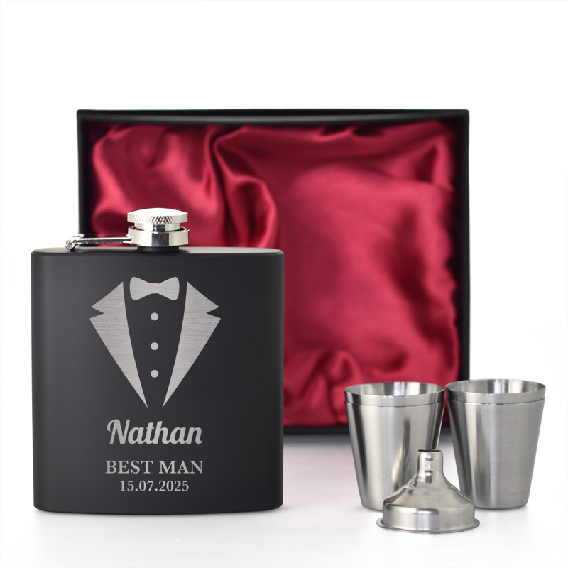 Black Personalised Special Occasion Hip Flask Set