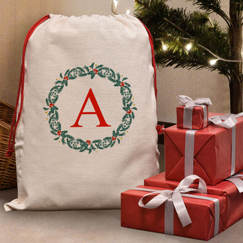 Personalised Santa Sack - Christmas Wreath Any Initial