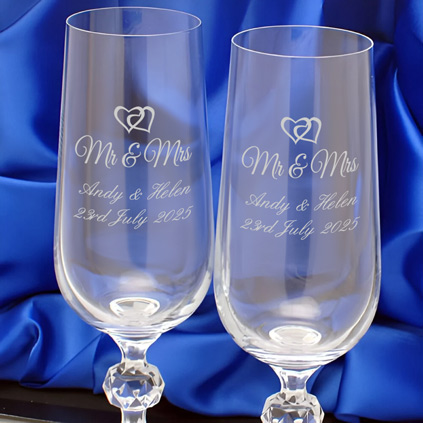 Engraved Crystal Champagne Flutes - Mr And Mrs