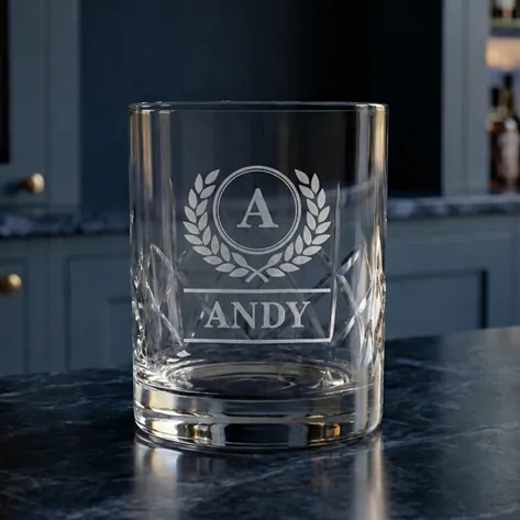 Engraved Wreath Monogram Crystal Whisky Glass