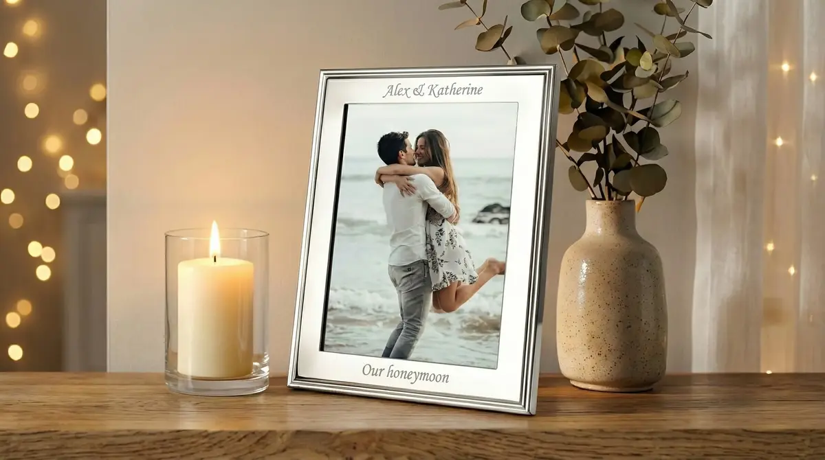 Personalised Silver Photo Frame Displayed on Shelf