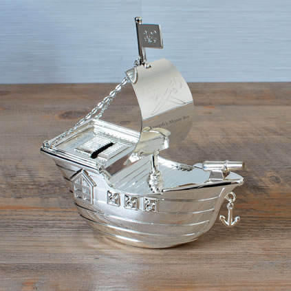 Personalised Silver Pirate Ship Piggy Money Box for Boys 