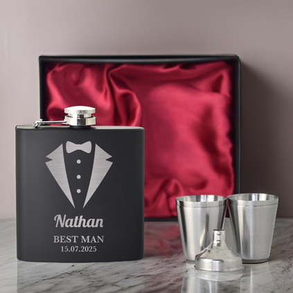 Black Personalised Special Occasion Hip Flask Set