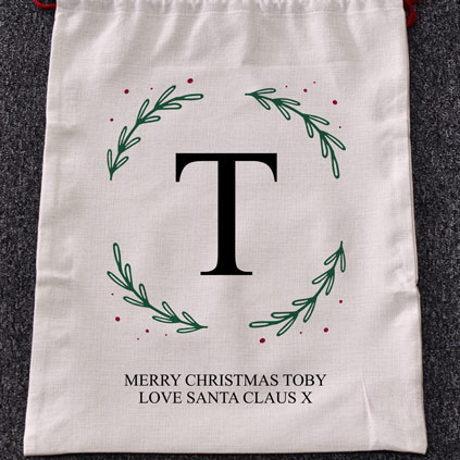 Personalised Christmas Santa Sack - Wreath Any Initial And Message